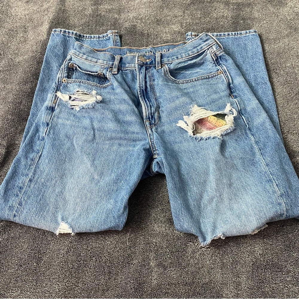 American Eagle Outfitters Distressed Jeans with colorful accents Wide Leg Size 6 - Picture 2 of 13